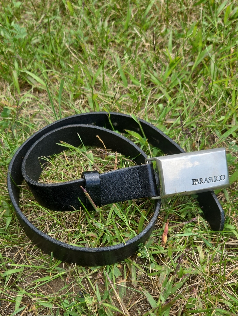 Parasuco Black Leather Belt with Silver Logo Buckle